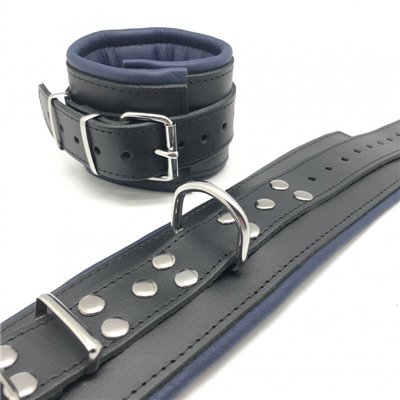 Leather handcuff - Padding - Black/Blue