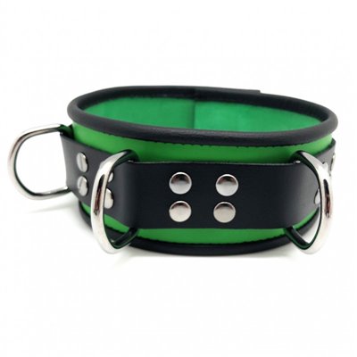 Leather collar- 3D ring - Green/Black