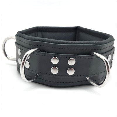 Leather collar - padding - 3D ring - Black/Black